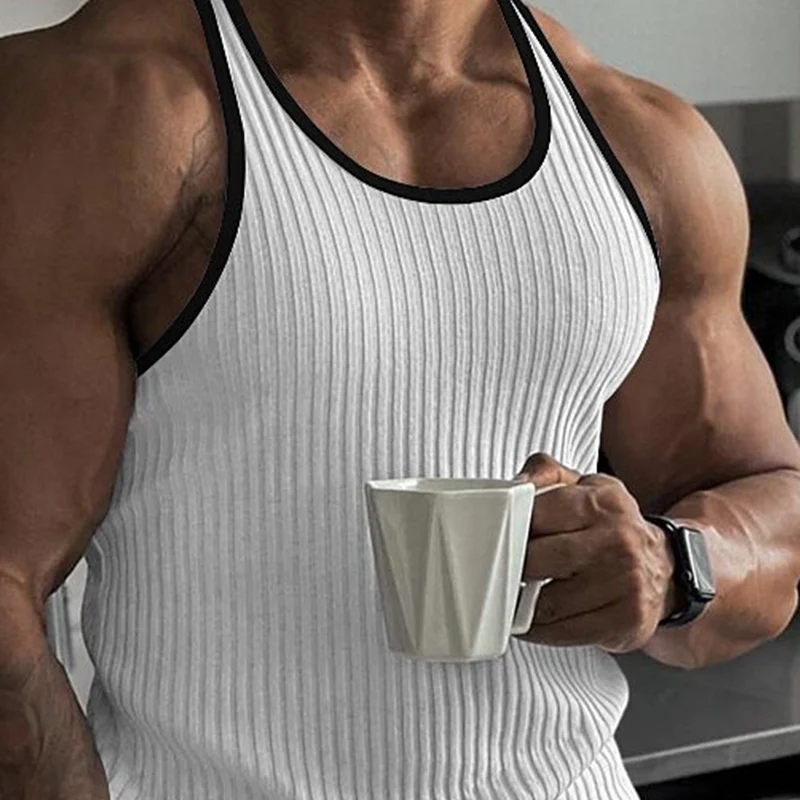 Barry | Men'S Striped Contrast Knit Crew Neck Tank Top - Image 5