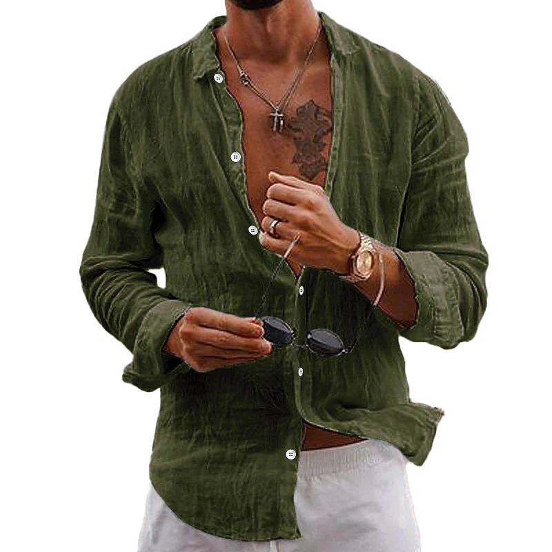 Barthel® | Men's Casual Solid Color Lapel Cotton Linen Long-Sleeved Shirt 76098441M - Image 10