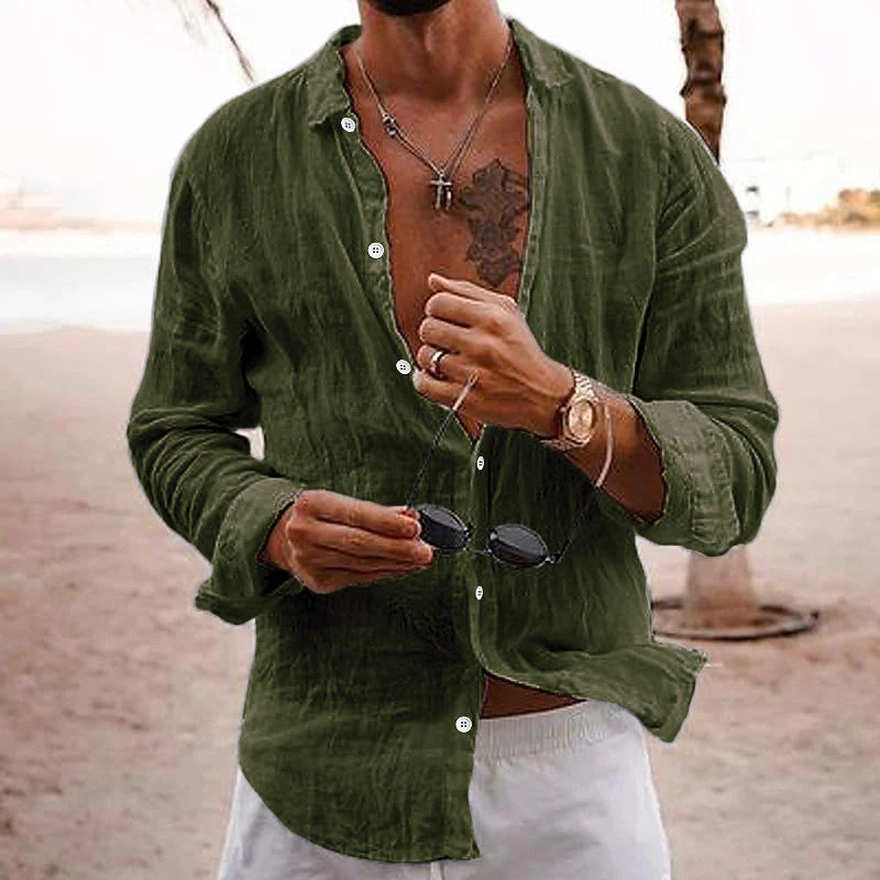 Barthel® | Men's Casual Solid Color Lapel Cotton Linen Long-Sleeved Shirt 76098441M - Image 2