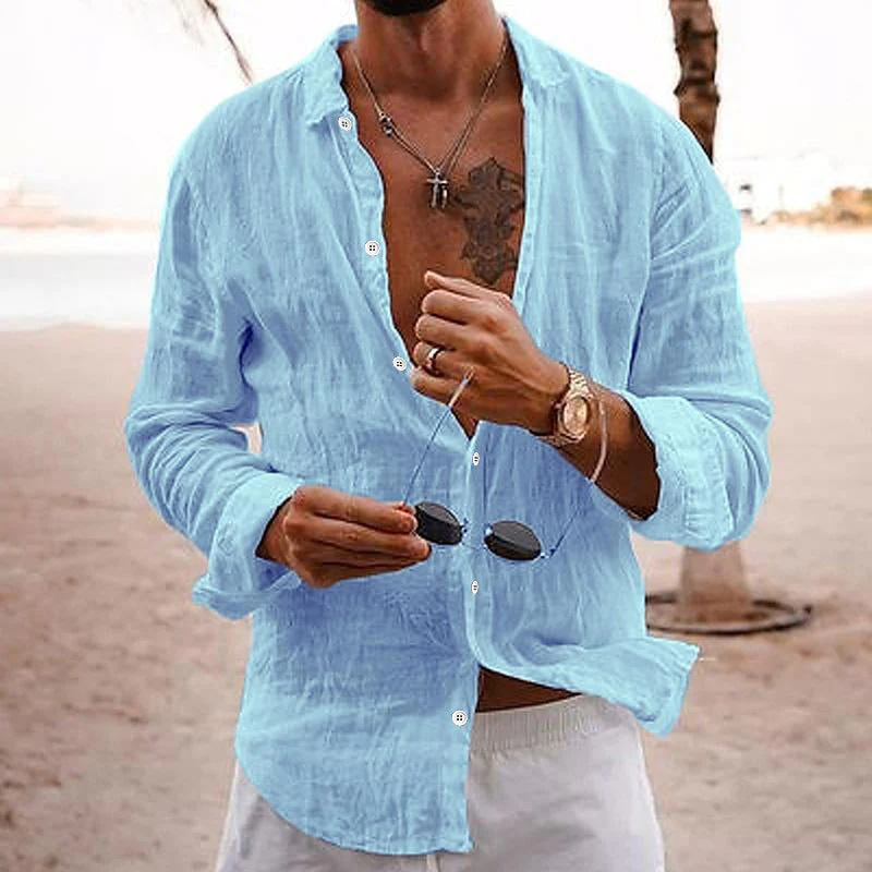 Barthel® | Men's Casual Solid Color Lapel Cotton Linen Long-Sleeved Shirt 76098441M - Image 3