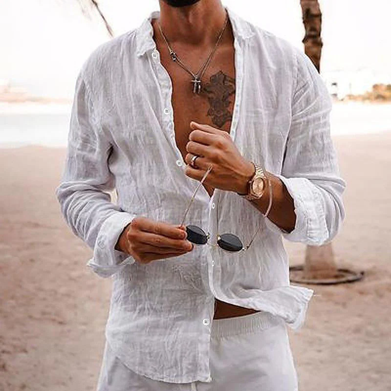 Barthel® | Men's Casual Solid Color Lapel Cotton Linen Long-Sleeved Shirt 76098441M - Image 4