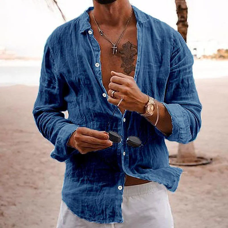 Barthel® | Men's Casual Solid Color Lapel Cotton Linen Long-Sleeved Shirt 76098441M - Image 5