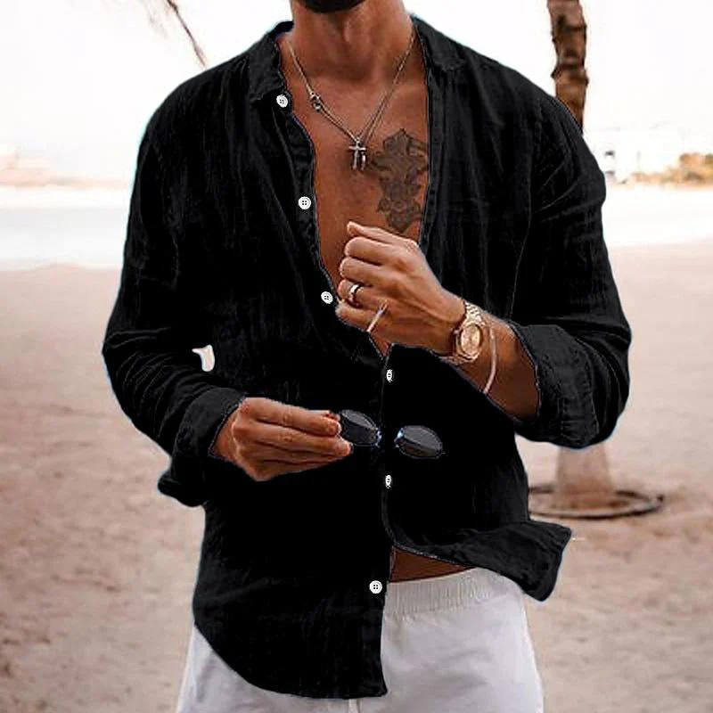 Barthel® | Men's Casual Solid Color Lapel Cotton Linen Long-Sleeved Shirt 76098441M - Image 6