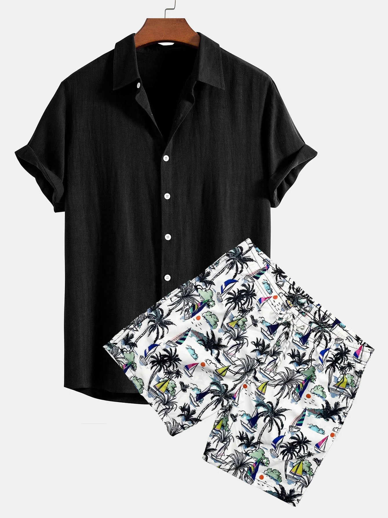 Bartolomé® | Linen Rayon Blend Button Up Shirt & Palm Tree Sailboat Print Swim Shorts - Image 2