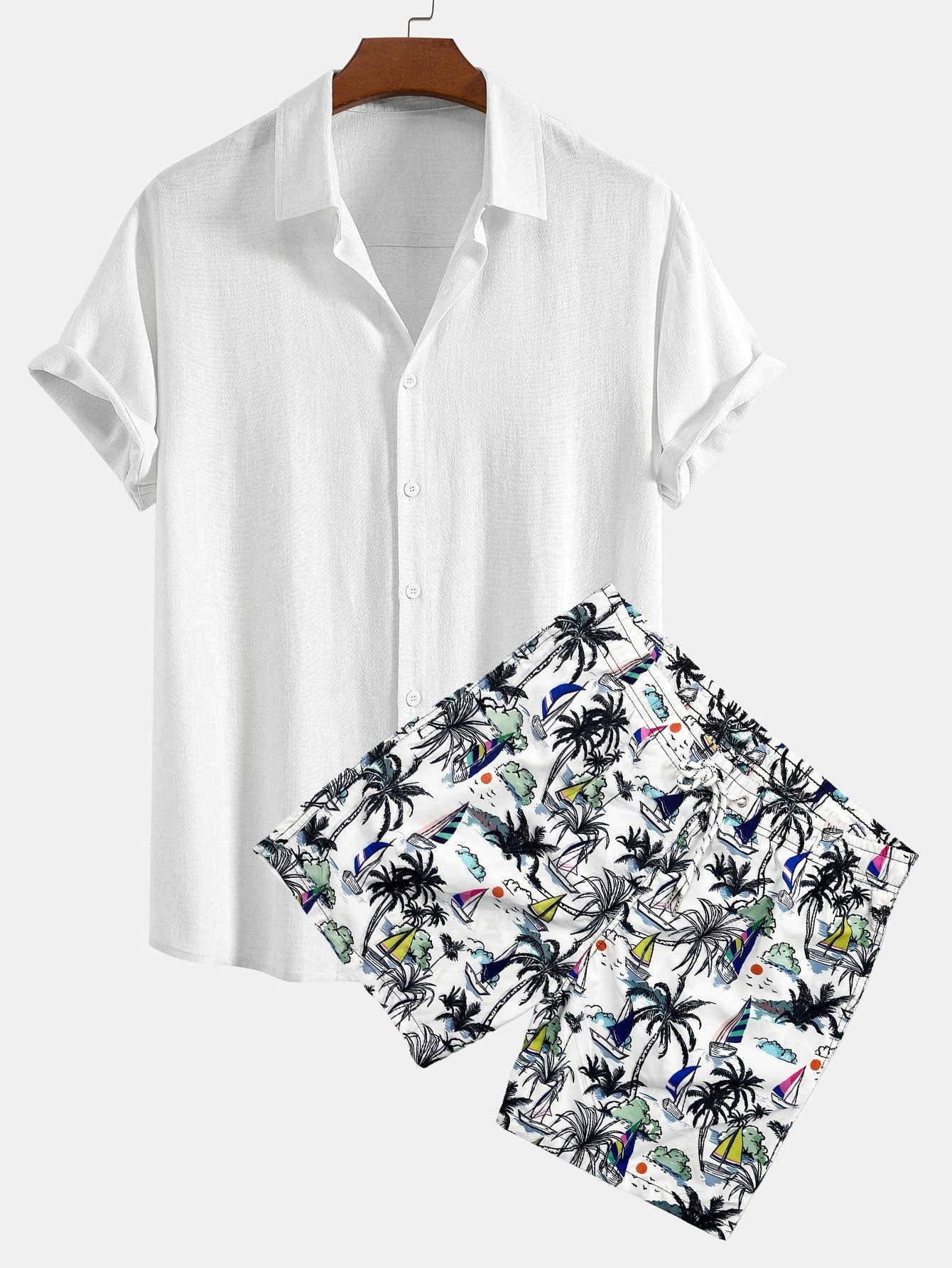 Bartolomé® | Linen Rayon Blend Button Up Shirt & Palm Tree Sailboat Print Swim Shorts - Image 3