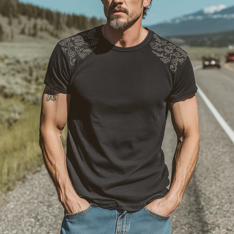 Basil | Men'S Spring And Summer Fashion Casual Shoulder Embroidery Cotton Blended Ribbed Texture Slim Round Neck Short-Sleeved T-Shirt - Image 2