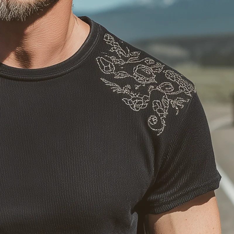 Basil | Men'S Spring And Summer Fashion Casual Shoulder Embroidery Cotton Blended Ribbed Texture Slim Round Neck Short-Sleeved T-Shirt - Image 5