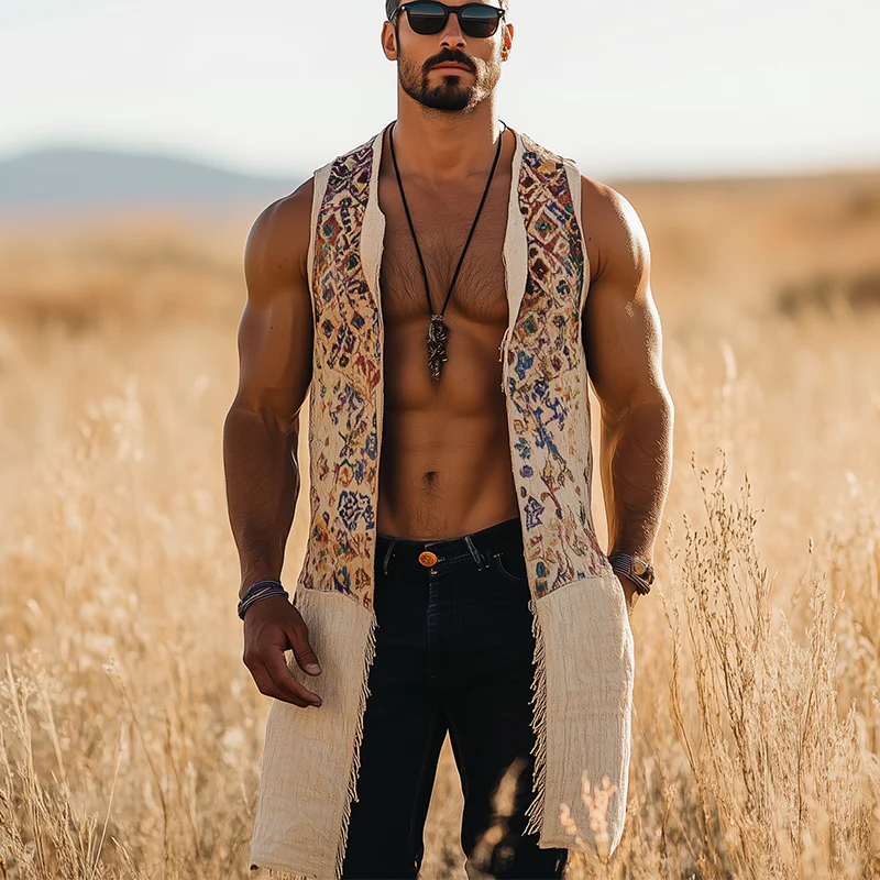 Basil | Men'S Summer Fashion Printed Linen Blended Sleeveless Long Vest - Image 2