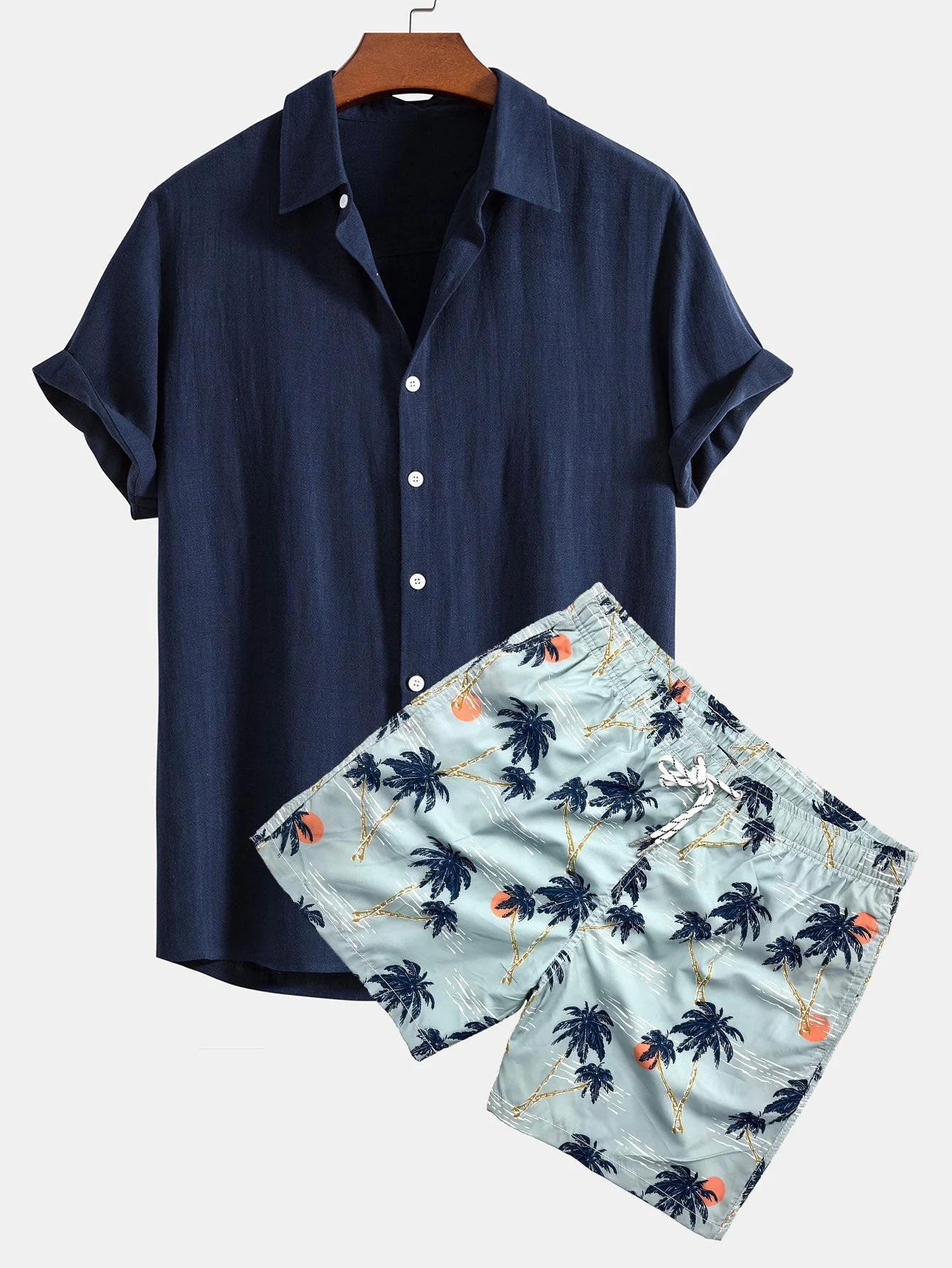 Basilio® | Linen Rayon Blend Button Up Shirt & Palm Tree Sunset Print Swim Shorts - Image 2
