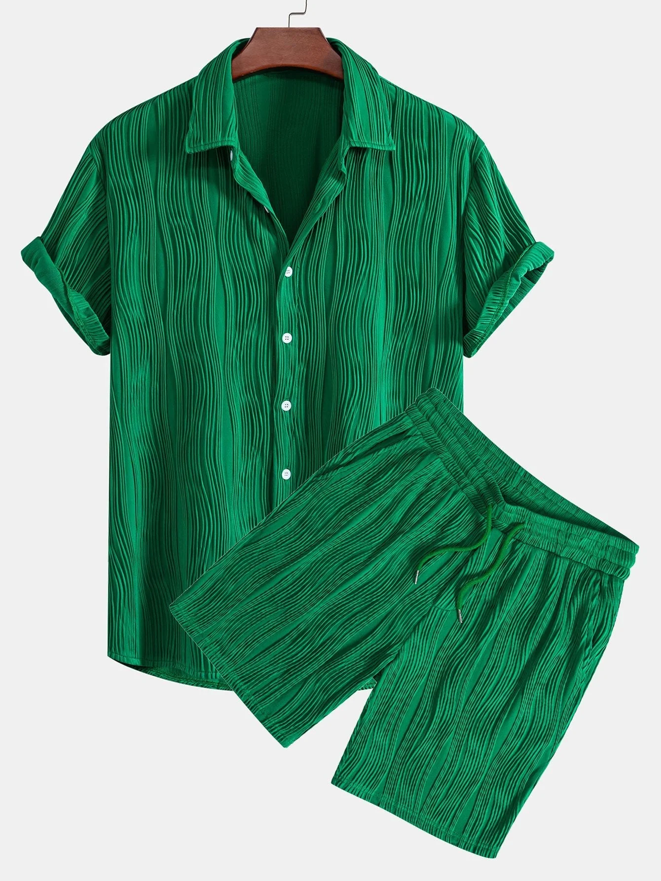 Basilio® | Wave Textured Button Up Shirt & Shorts - Image 2