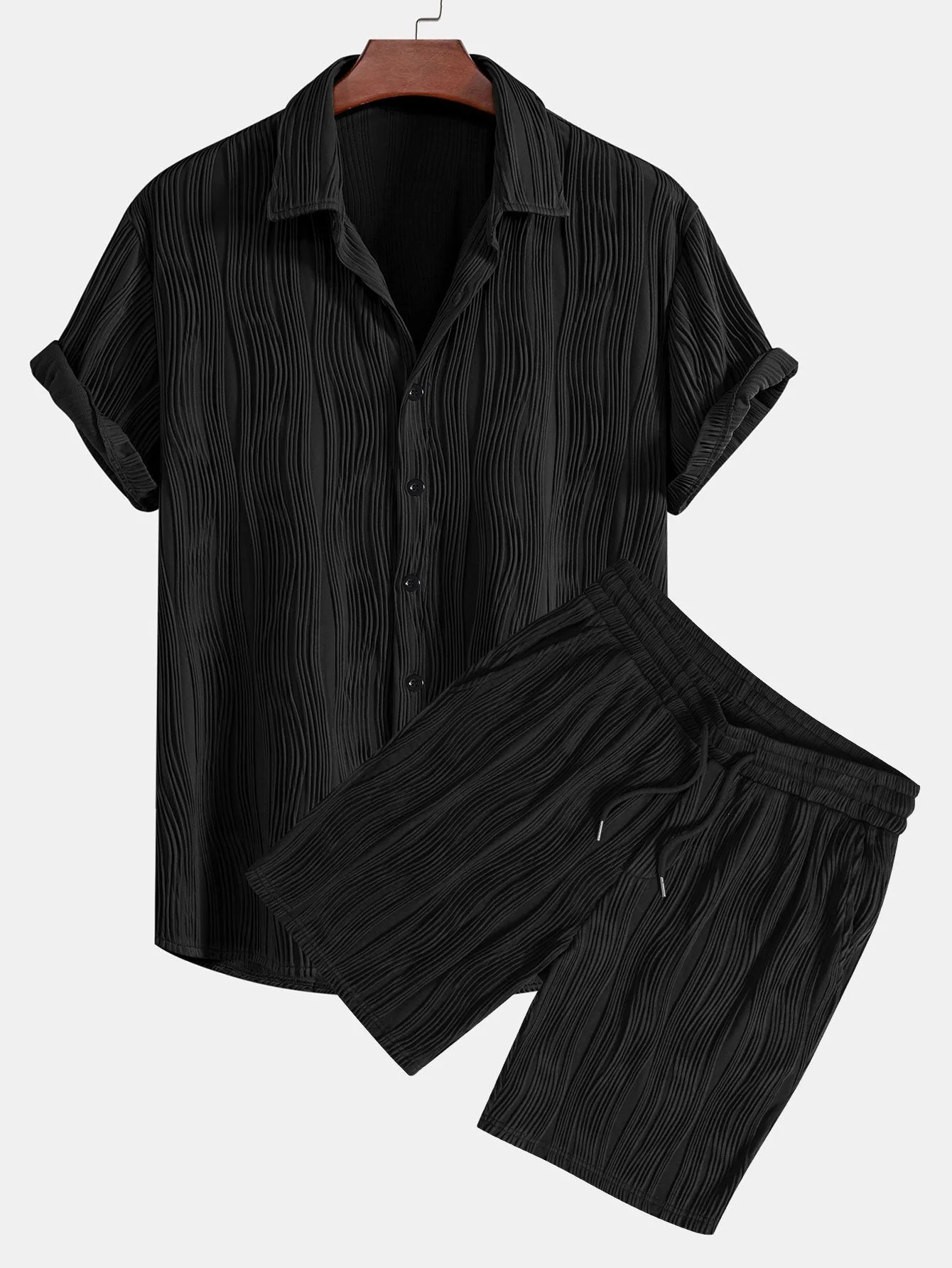 Basilio® | Wave Textured Button Up Shirt & Shorts - Image 3