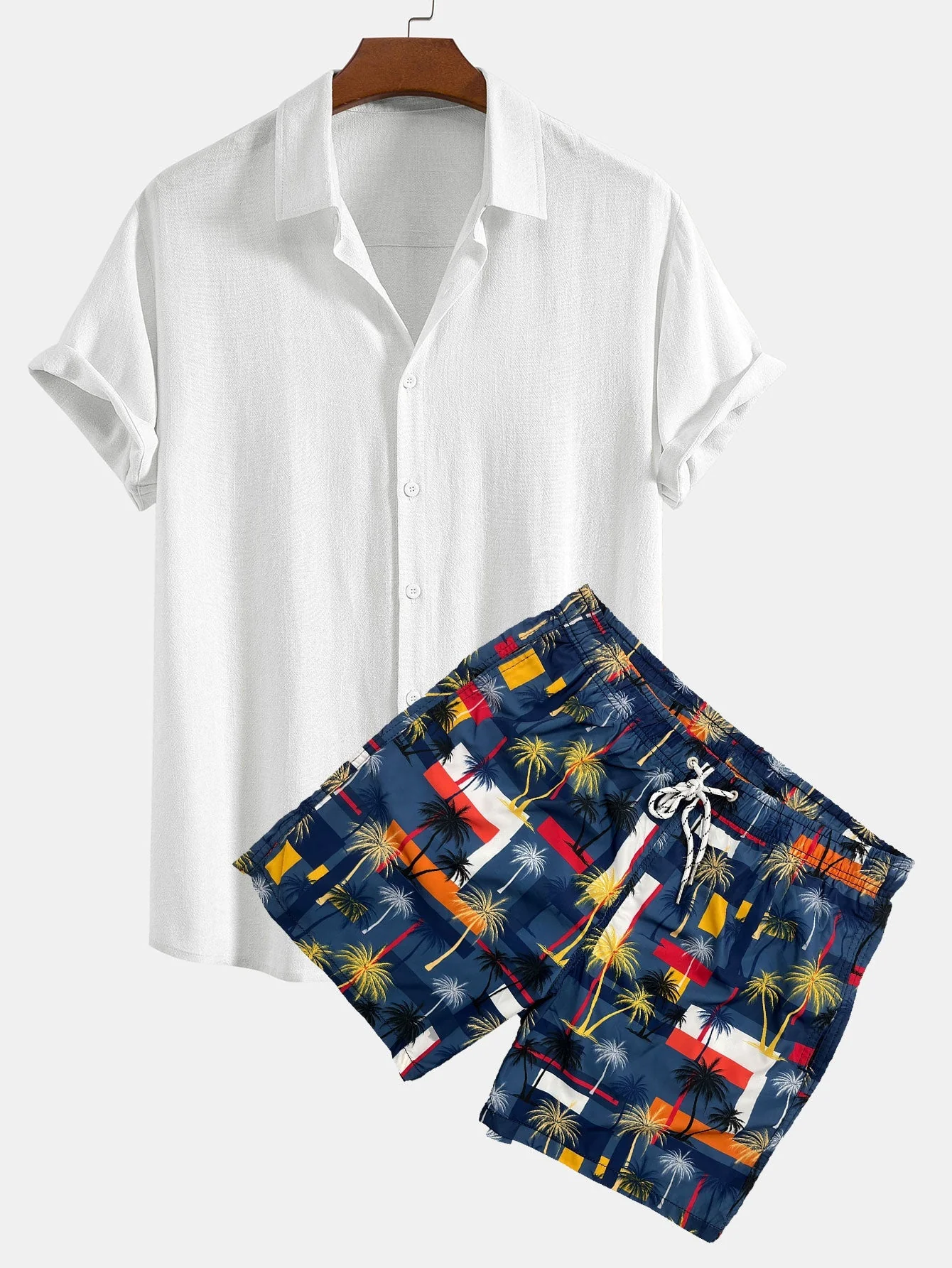 Beltrán® | Linen Rayon Blend Button Up Shirt & Palm Tree Color Block Print Swim Shorts - Image 2