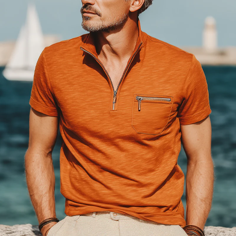 Ben | Men'S Business Cotton Stand Collar Quarter Zip Short Sleeve T-Shirt - Image 2