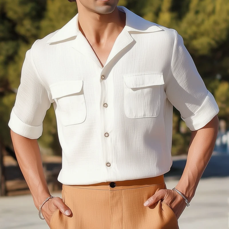 Ben | Men'S Casual Solid Color Pleated Cotton Blend Cuban Collar Chest Pocket Single Breasted Slim Mid Sleeve Shirt - Image 2