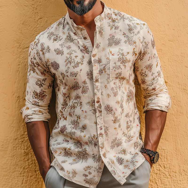 Ben | Men'S Retro Casual Floral Print Linen Stand Collar Long Sleeve Shirt - Image 2