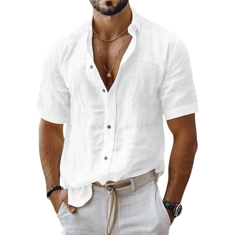 Ben | Men'S Solid Color Cotton And Linen Short-Sleeved Shirt - Image 3