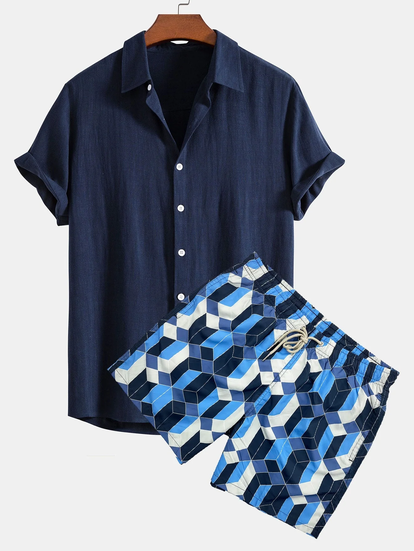 Benicio® | Linen Rayon Blend Button Up Shirt & Geometric Color Block Print Swim Shorts - Image 2