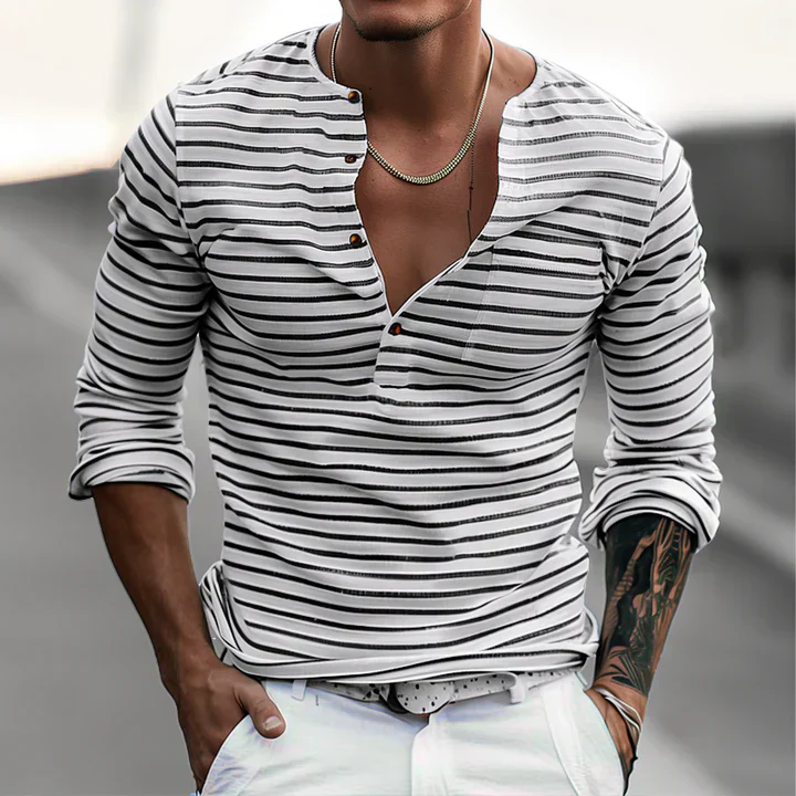 Benjamin® | Striped Long-Sleeved Shirt With Henley Collar - Image 5