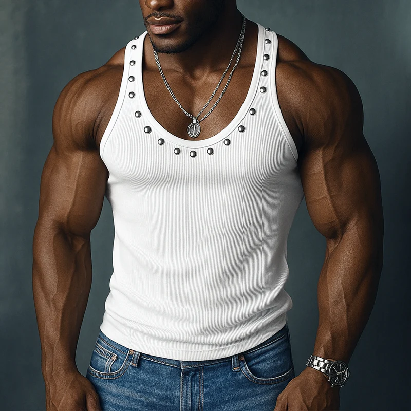 Benjamin | Men'S Rivet Solid Striped U Neck Sleeveless Tank Top - Image 2