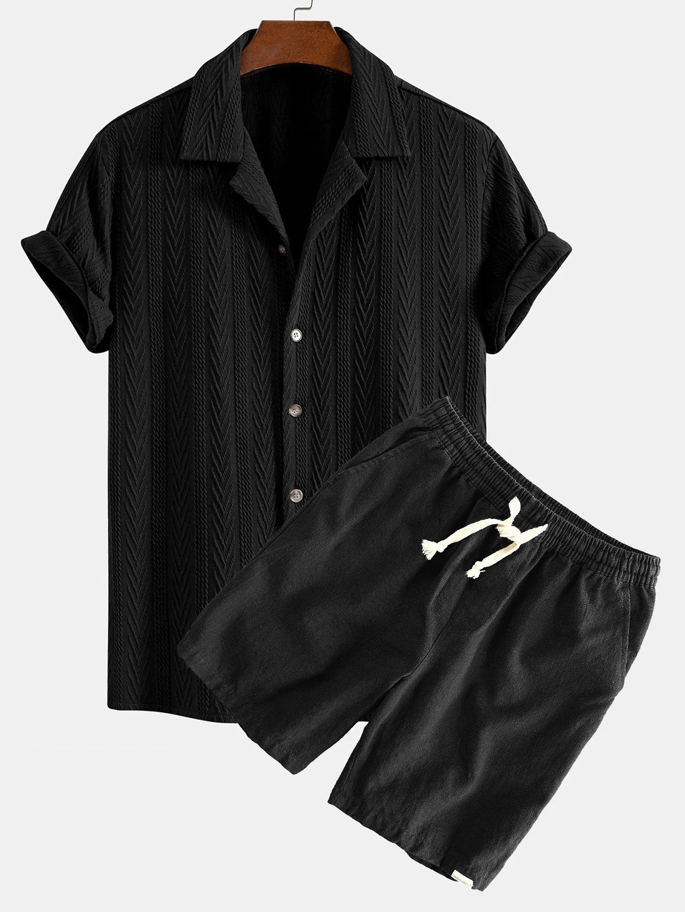 Bernabé® | Texture Jacquard Cuban Shirt & Linen Cotton Blend Drawstring Shorts - Image 4