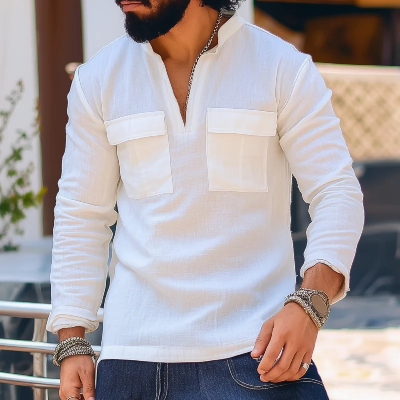 Bernard | Men'S Casual Cotton Solid Color V-Neck Chest Pocket Pullover Slim Fit Long Sleeve Shirt - Image 2