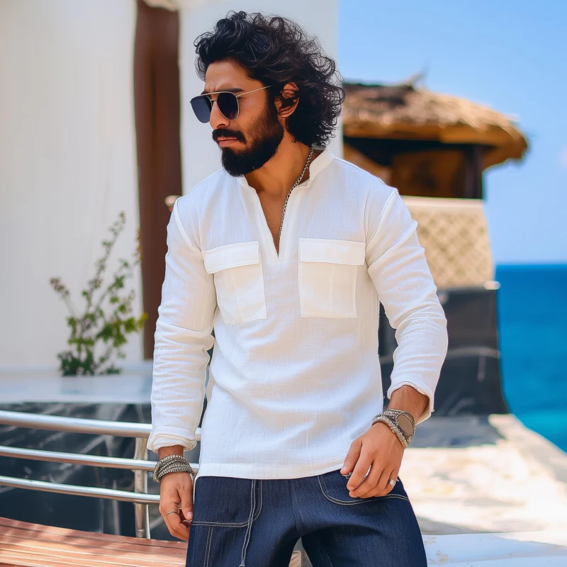 Bernard | Men'S Casual Cotton Solid Color V-Neck Chest Pocket Pullover Slim Fit Long Sleeve Shirt - Image 3