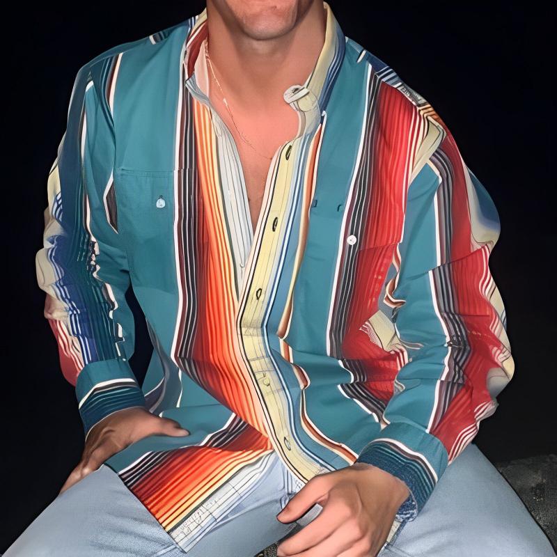 Beryl® | Men's Retro Color Block Stripe Printed Loose Long Sleeve Shirt 74916689M - Image 4