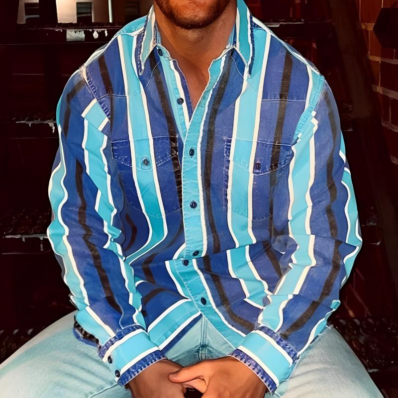 Beryl® | Men's Retro Color Block Stripe Printed Loose Long Sleeve Shirt 74916689M - Image 5