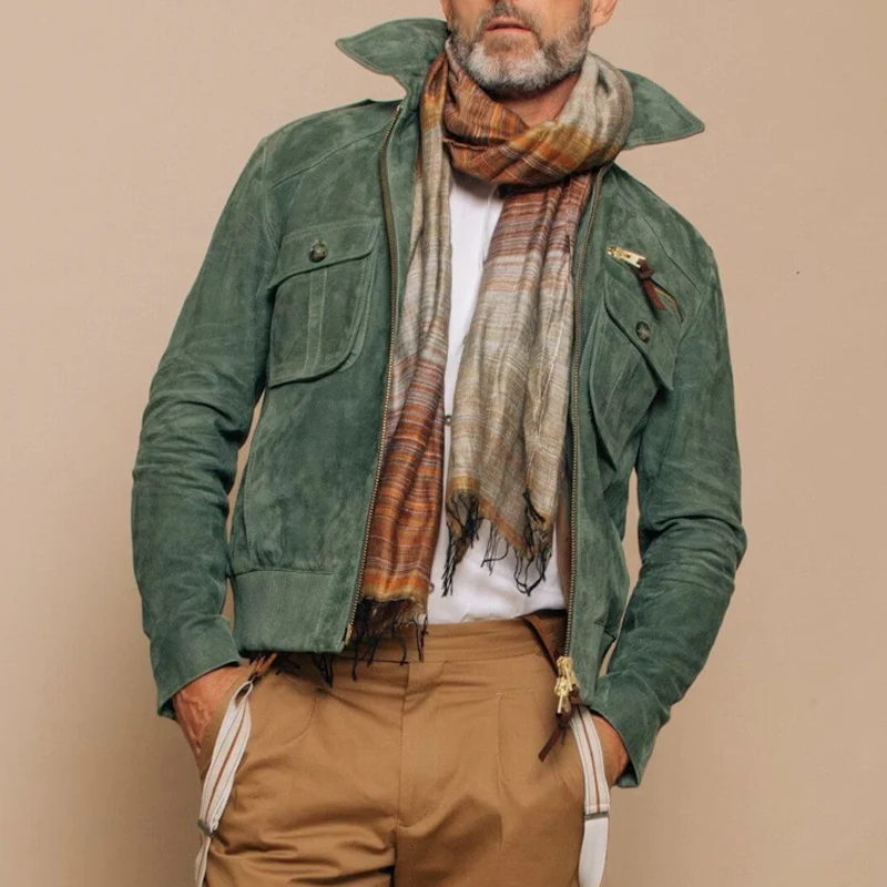 Besart® | Men's Retro Lapel Zipper Breast Pocket Suede Jacket 01953047Z - Image 3