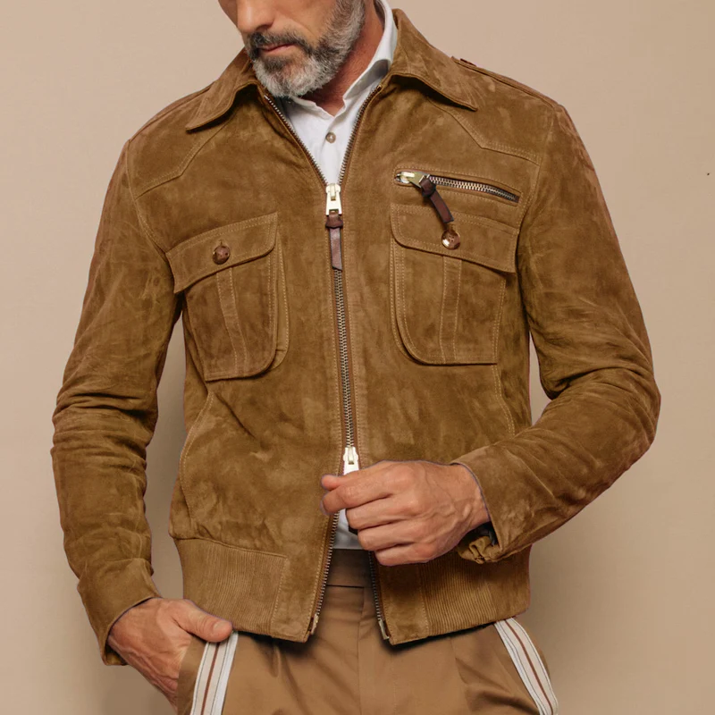 Besart® | Men's Retro Lapel Zipper Breast Pocket Suede Jacket 01953047Z - Image 5