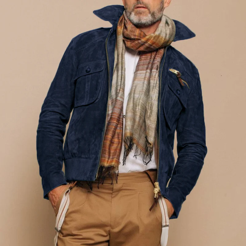 Besart® | Men's Retro Lapel Zipper Breast Pocket Suede Jacket 01953047Z - Image 8