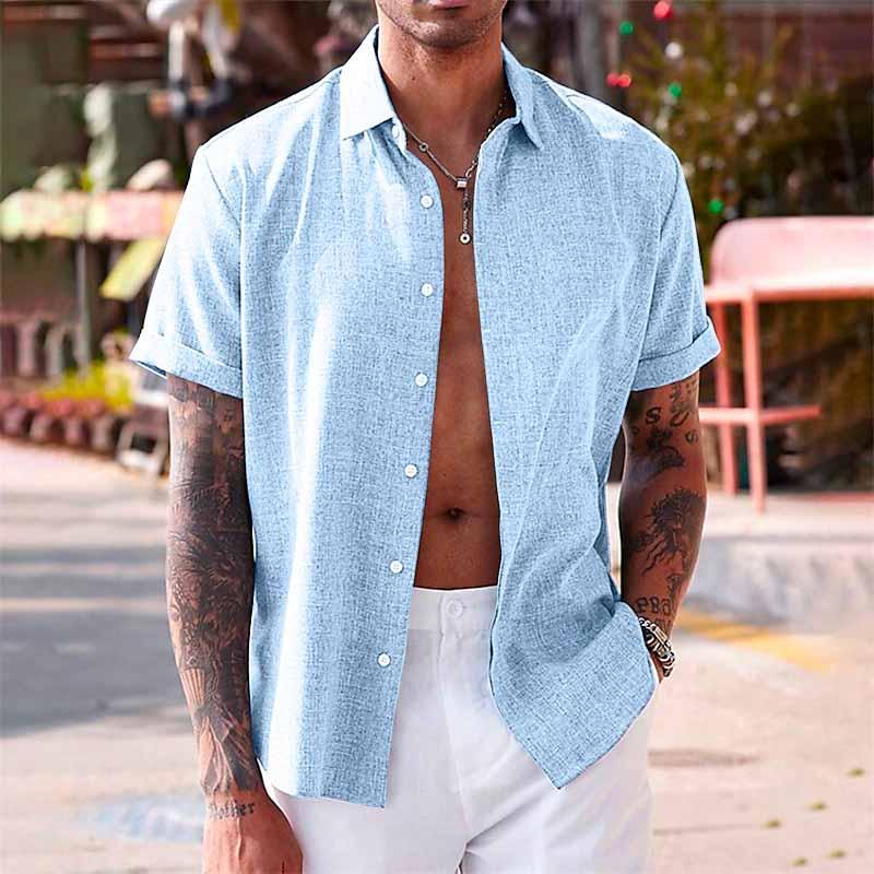 Bess® | Men's Solid Color Lapel Cotton Linen Short Sleeve Shirt 82339241X - Image 10