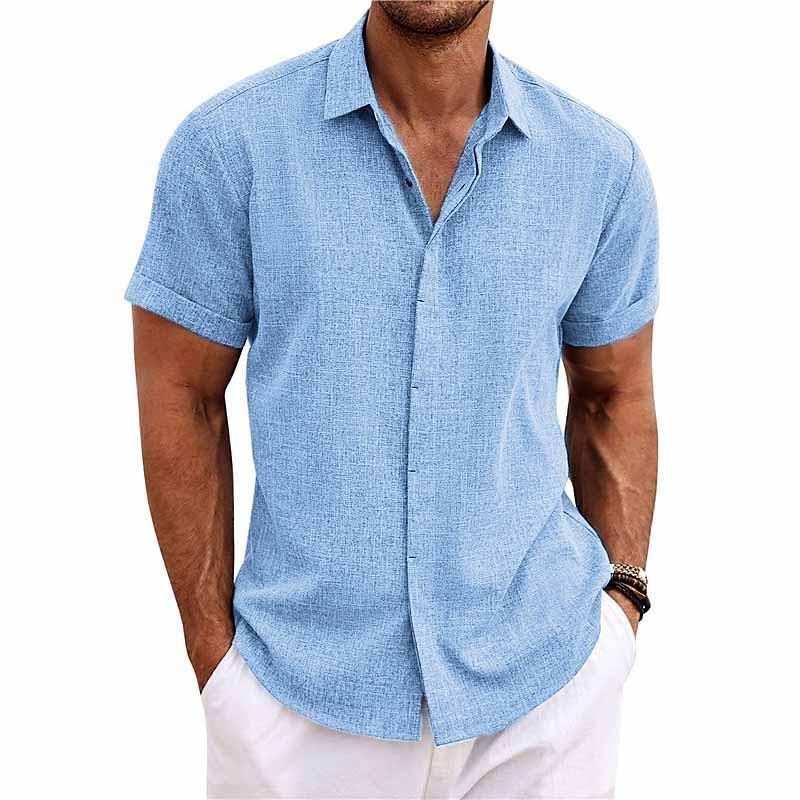 Bess® | Men's Solid Color Lapel Cotton Linen Short Sleeve Shirt 82339241X - Image 6