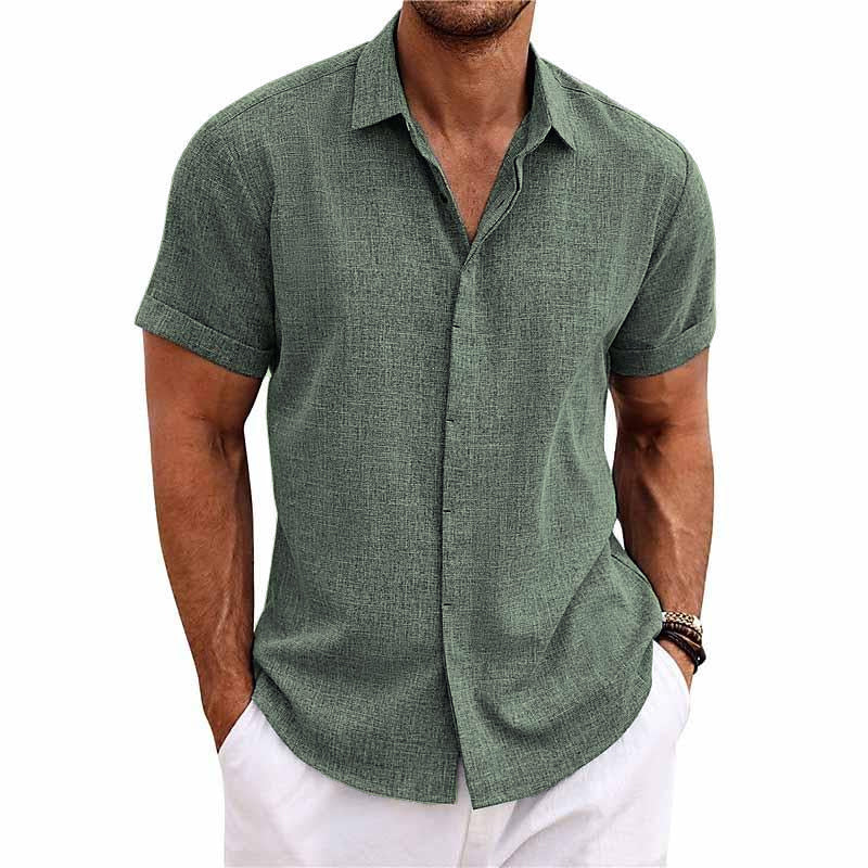 Bess® | Men's Solid Color Lapel Cotton Linen Short Sleeve Shirt 82339241X - Image 9