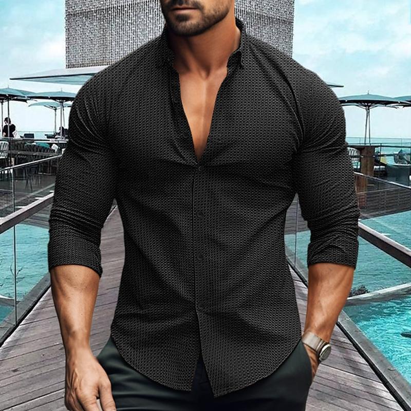 Bessie® | Men's Solid Color Lapel Long Sleeve Waffle Casual Shirt 69333697Z - Image 2