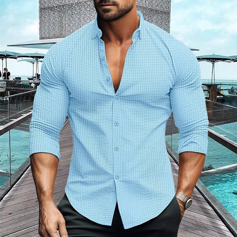 Bessie® | Men's Solid Color Lapel Long Sleeve Waffle Casual Shirt 69333697Z - Image 3
