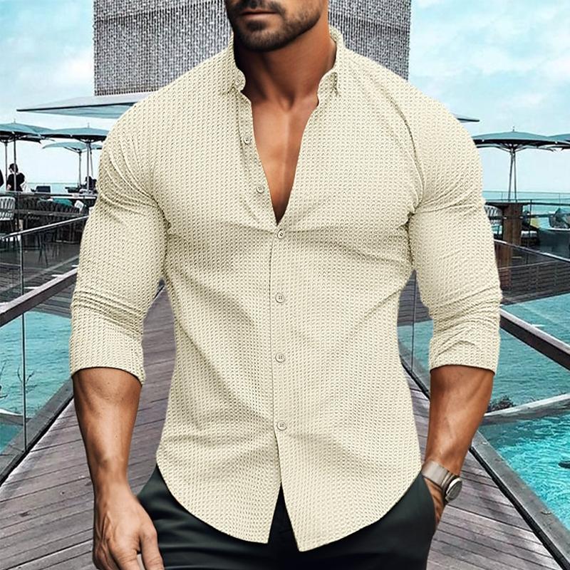 Bessie® | Men's Solid Color Lapel Long Sleeve Waffle Casual Shirt 69333697Z - Image 4