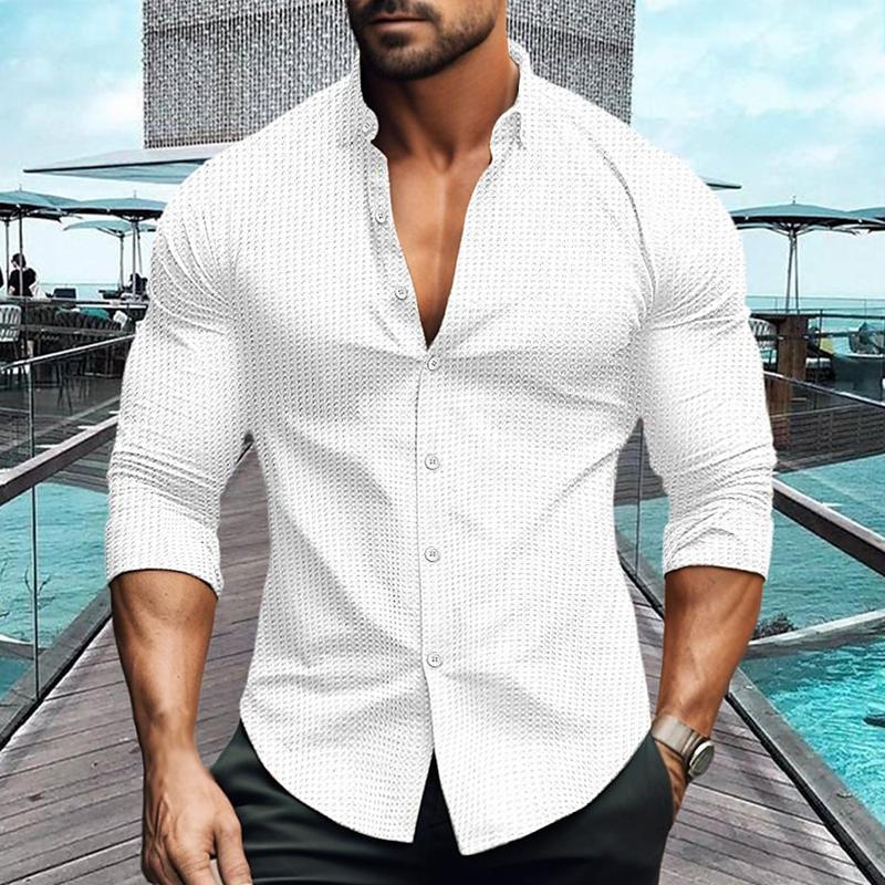 Bessie® | Men's Solid Color Lapel Long Sleeve Waffle Casual Shirt 69333697Z - Image 5