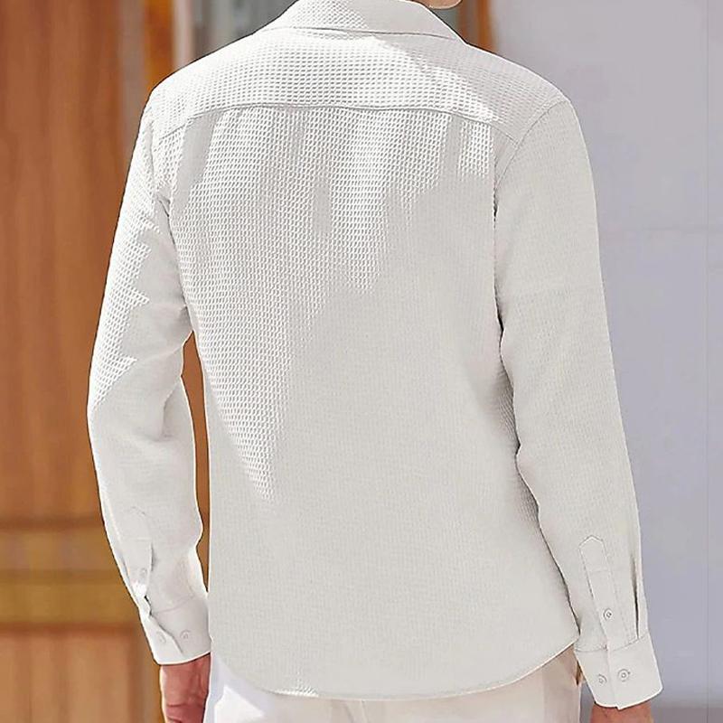 Bessie® | Men's Solid Color Lapel Long Sleeve Waffle Casual Shirt 69333697Z - Image 6