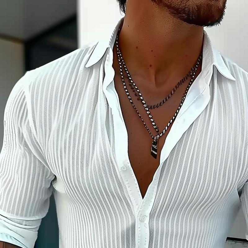 Best® | Men's Solid Color Striped Lapel Long Sleeve Shirt 94598700Z - Image 10