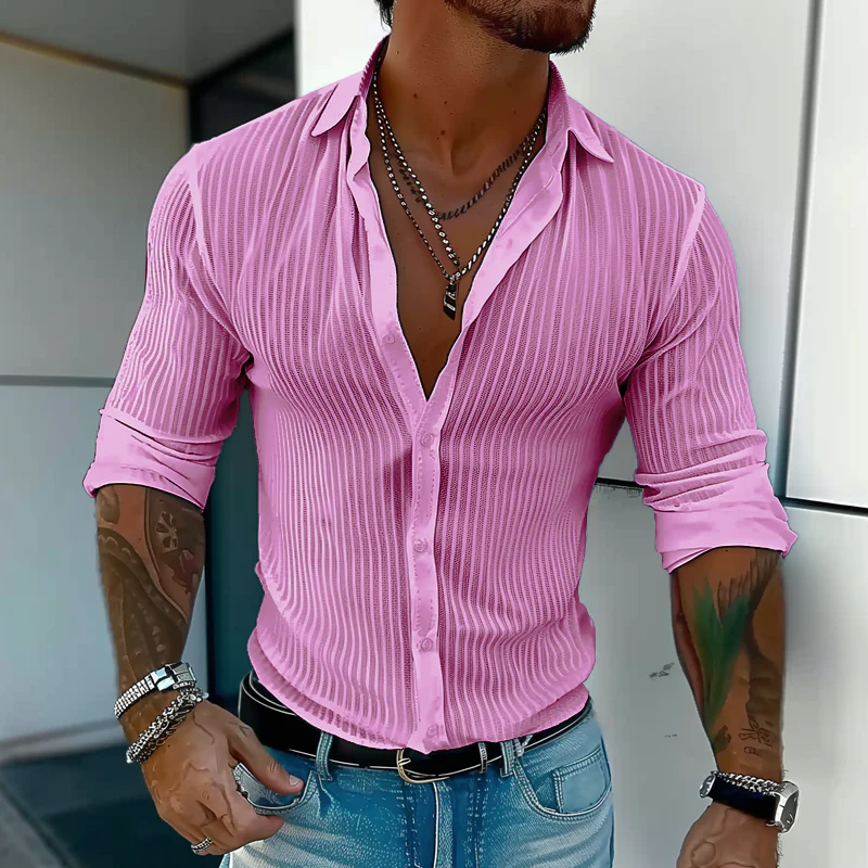 Best® | Men's Solid Color Striped Lapel Long Sleeve Shirt 94598700Z - Image 6