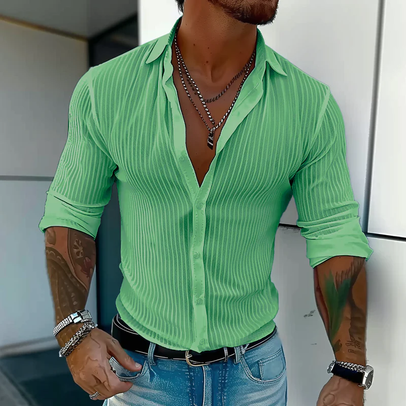 Best® | Men's Solid Color Striped Lapel Long Sleeve Shirt 94598700Z - Image 8