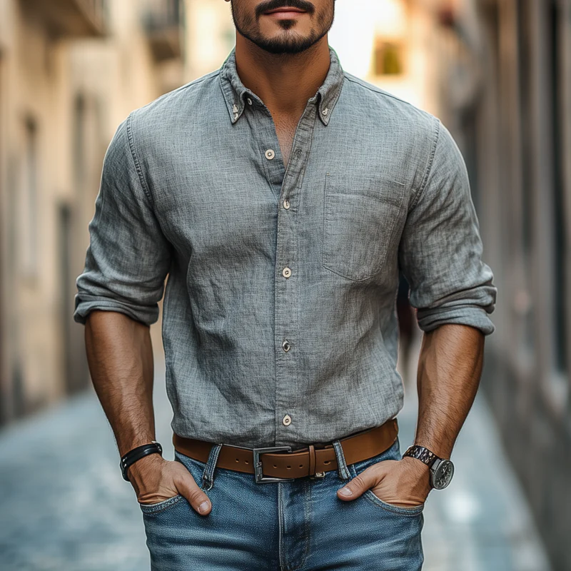 Bill | Men'S Casual Breathable Cotton Linen Lapel Patch Pocket Slim Fit Long Sleeve Shirt - Image 2