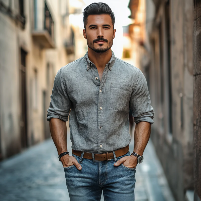 Bill | Men'S Casual Breathable Cotton Linen Lapel Patch Pocket Slim Fit Long Sleeve Shirt - Image 3