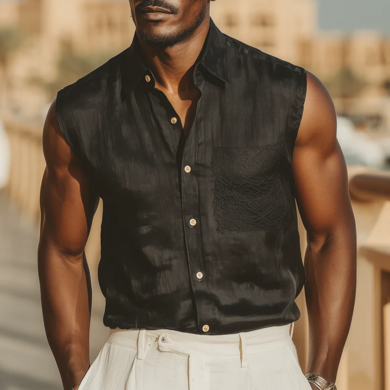 Bob | Men'S Casual Solid Color Tencel Blended Lapel Lace Patch Pocket Slim Fit Sleeveless Shirt - Image 2
