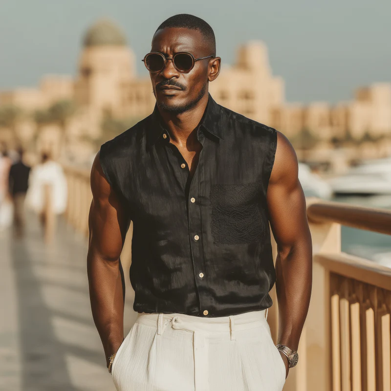 Bob | Men'S Casual Solid Color Tencel Blended Lapel Lace Patch Pocket Slim Fit Sleeveless Shirt - Image 3