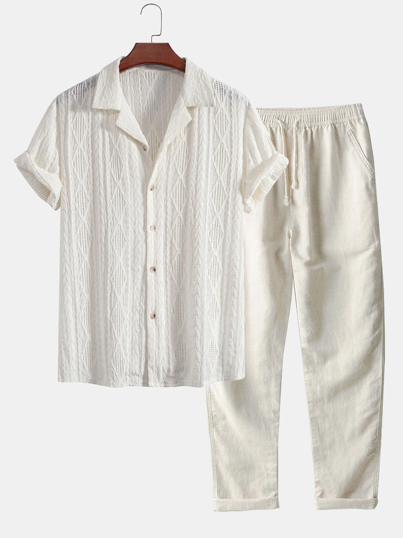 Bobby® | Geometric Jacquard Eyelet Cuban Shirt & Straight Leg Linen Pants - Image 2