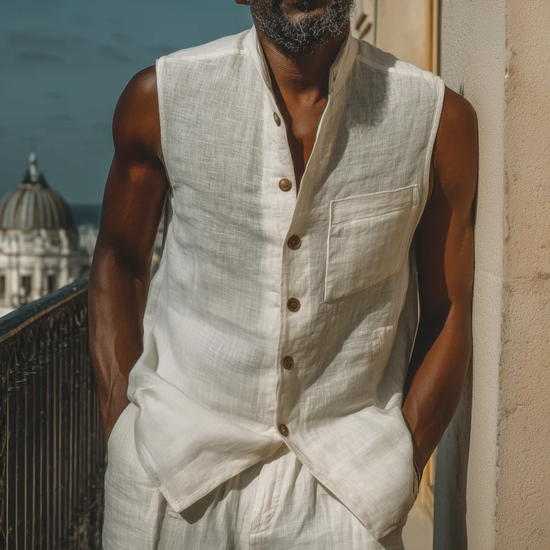 Bradley | Men'S Casual Solid Color Breathable Cotton Linen Stand-Up Collar Patch Pocket Slim Sleeveless Shirt - Image 2