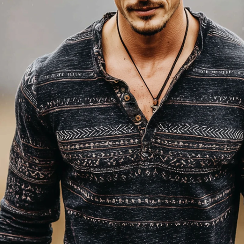 Bradley | Men'S Retro Casual Wilderness Ethnic Style Printed Henry Long Sleeve T-Shirt - Image 3