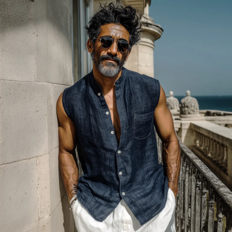 Brandon | Men'S Casual Solid Color Breathable Cotton Linen Stand-Up Collar Patch Pocket Slim Sleeveless Shirt - Image 3